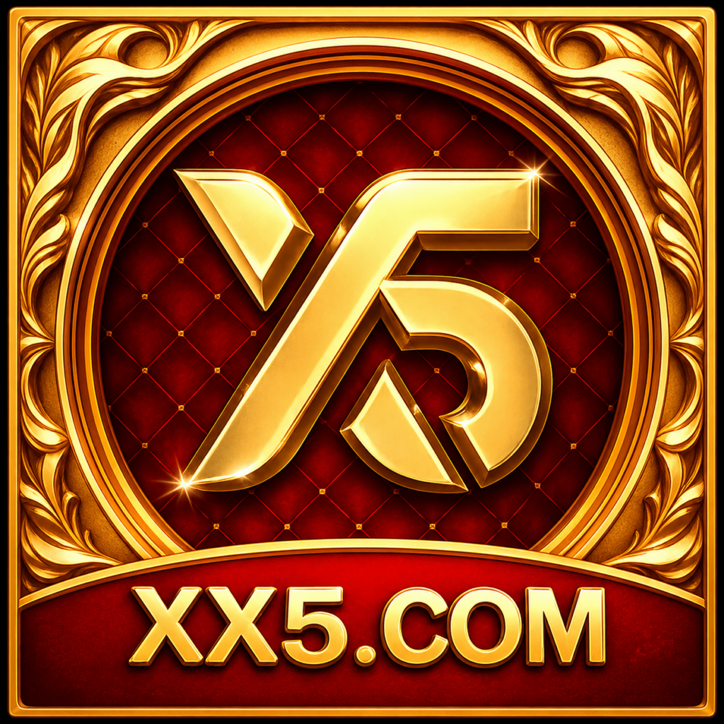 XX5.COM gaming app logo featuring a luxurious gold XX5 symbol on a red premium background with an elegant golden frame.